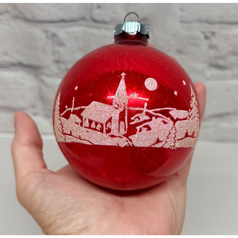 Vtg Shiny Brite Jumbo Size Church Snowy Village Stencil Christmas Ornament Red